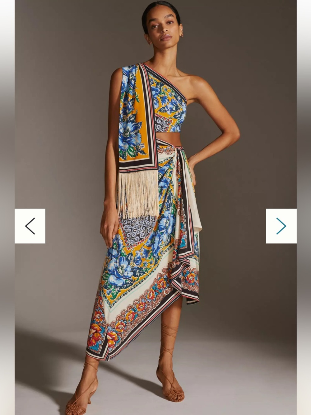 New Anthropologie One Shoulder Silk Midi Fringe Resort Paisley Scarf Dress 6